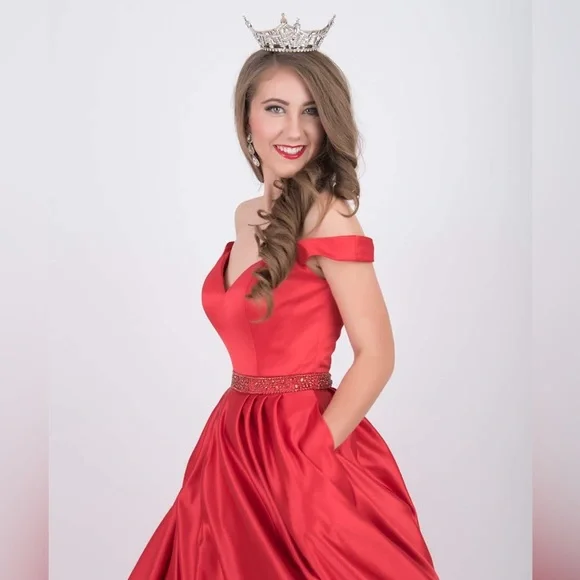 fitted lace wedding dress A Line V Neck Red Satin Long Prom Dresses With Pockets, V Neck Red Sat   morievent